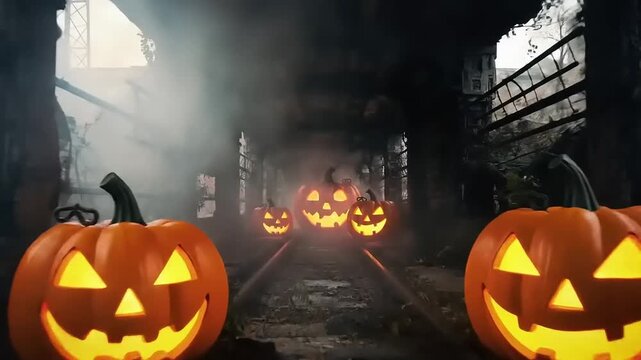 Haunted train tunnel jack o lanterns