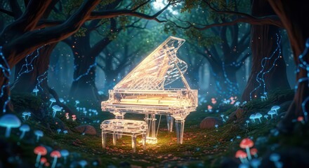 Ethereal crystal piano in a magical forest with glowing mushrooms and fireflies