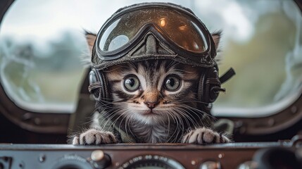 Kitten pilot in vintage aviation gear