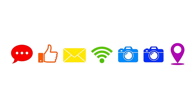 Rainbow-colored icons representing social media and technology: speech bubble, like, email, wifi, camera, and location pin, arranged horizontally.
