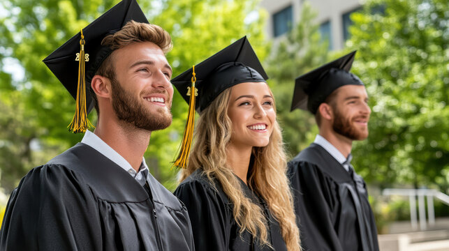 Graduates smiling together in caps and gowns, celebrating their achievements outdoors