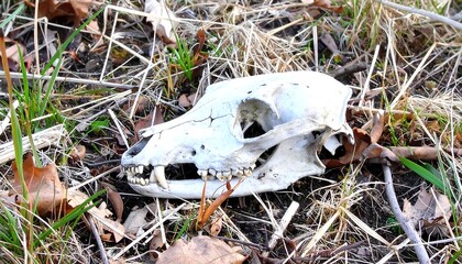 Close-up of a weathered animal skull resting on dry grass and fallen leaves.
