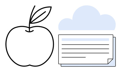 Minimalist apple and document icon with cloud backdrop, symbolizing wellness, education, technology, and knowledge sharing. Ideal for health, education, cloud storage, innovation nutrition