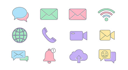 A collection of soft pastel line icons representing digital communication, internet, and multimedia services.