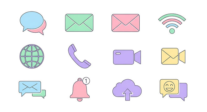 A collection of soft pastel line icons representing digital communication, internet, and multimedia services.