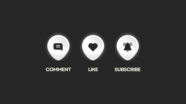 A set of three modern, clean, and simple icons for "Comment," "Like," and "Subscribe," perfect for use as an overlay or call-to-action in videos on YouTube and other platforms