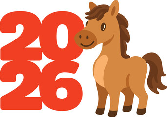 Chinese New Year 2026. Year of the horse with cute cartoon horse standing pose beside the 2026 number greeting illustration