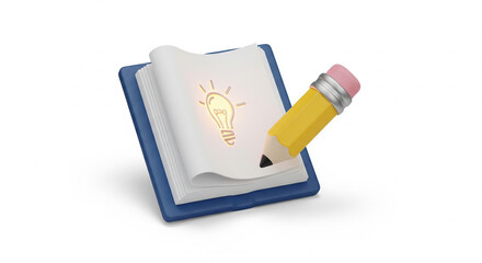 Open notebook with a drawn light bulb and a pencil, symbolizing new ideas and creativity, on an isolated transparent background.
