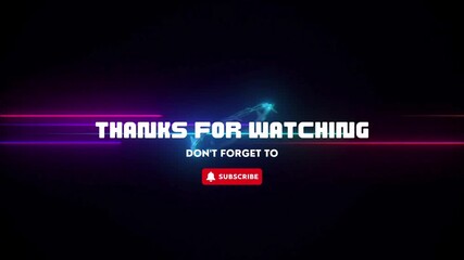 Futuristic "Thanks For Watching" outro screen with a "Subscribe" button, featuring a dynamic digital background with vibrant neon lines and a particle effect - Powered by Adobe