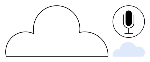 Cloud outline, small solid cloud, and microphone icon signify voice technology, cloud services, storage, audio streaming, podcast creation, AI-driven solutions, simple landing page