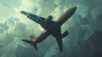 Commercial Passenger Airplane Flying Through Cloudy Sky with Sunlight Breaking Through