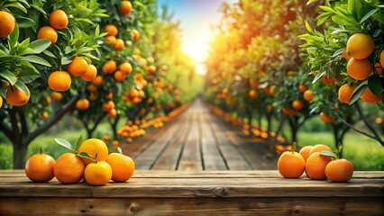 Abundant Orange Harvest A Sun Drenched Orchard with Wooden Table and Pathway