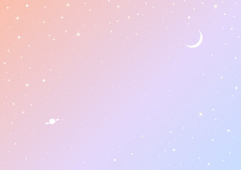 パステルカラーのグラデーションに輝く星空と三日月、土星を描いた幻想的な夜空のベクター背景