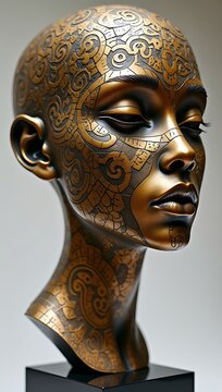 A surreal bronze bust with geometric patterns engraved on the surface, blending ancient craftsmanship with modern abstract art.