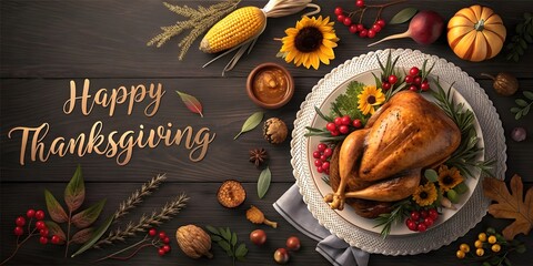 Festive Thanksgiving Feast on Wooden Table with Turkey, Corn, and Berries in a Warm and Inviting Display