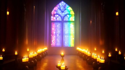 Intimate cinematic shot of rainbow light passing through a stained-glass window in a quiet meditation sanctuary video - Powered by Adobe