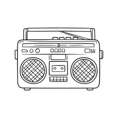 Retro boombox line art illustration. Vintage portable radio and cassette player sketch for coloring book. Old school ghetto blaster icon.
