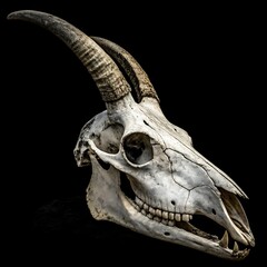 Fototapeta premium Isolated goat skull with horns on a black background in studio shot