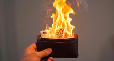 Burning Wallet with Euro Banknotes Symbolizing Financial Crisis