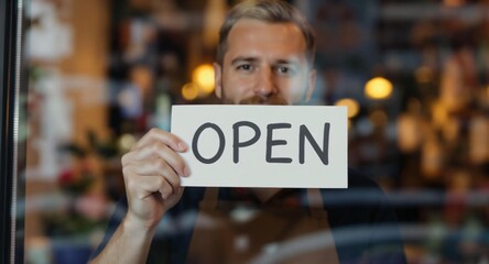Business Owner Holding Open Sign at Storefront Window