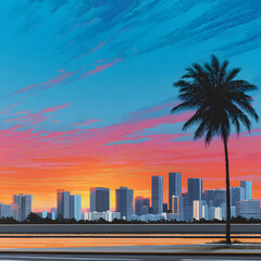 A panoramic view of the Los Angeles skyline at sunset, featuring downtown skyscrapers against a colorful evening sky. Captures the modern architecture and vibrant atmosphere of California’s iconic cit
