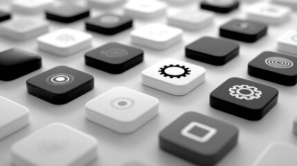 Abstract grid of monochrome square buttons, some with gear icons