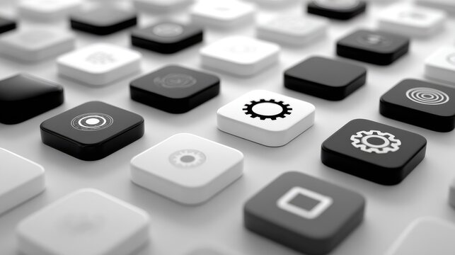 Abstract grid of monochrome square buttons, some with gear icons