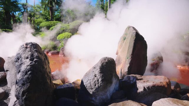 Steam and Red Iron Oxide Mud Pool from Geothermal Beppu, Oita Japan