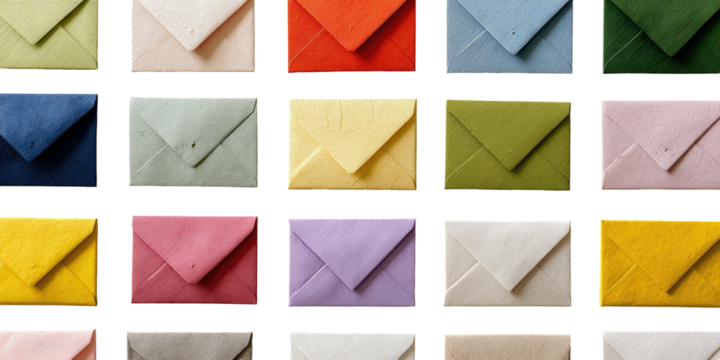 Many colorful envelopes arranged in a grid pattern
