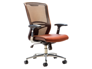 Ergonomic brown leather and mesh office chair with adjustable armrests, isolated on transparent background, perfect for comfortable and stylish workspace