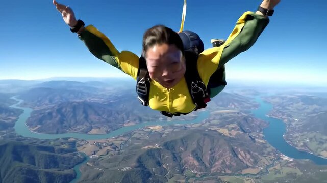Skydiver in flight over scenic mountain landscape