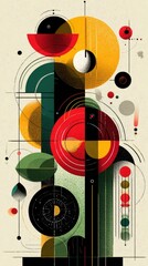 Obraz premium Abstract geometric composition of circles, ovals, and lines in rich colors