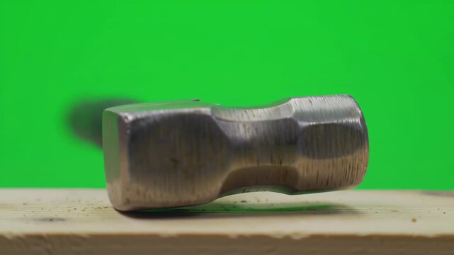 Close-up view of a metal hammerhead resting on a light wooden surface against a solid green background.
