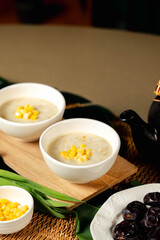Ramadan Hari Raya Traditional Malaysian Corn Jagung Dessert with Coconut Milk, bubur jagung with dates