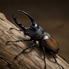 Marvel at the striking Hercules beetle resting on weathered wood, showcasing nature's powerful beauty and intricate detail with rich, natural tones