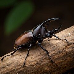 Majestic rhinoceros beetle resting on branch, a captivating glimpse into the intricate world of nature and wildlife biodiversity