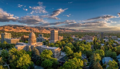 Panoramic view of a city at sunset, with mountains in the background. Lush greenery fills the valleys and surrounds buildings