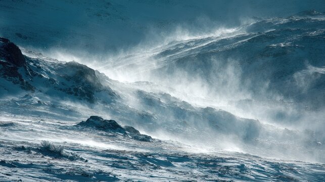 Blizzard sweeps snowy mountain peaks - Powered by Adobe