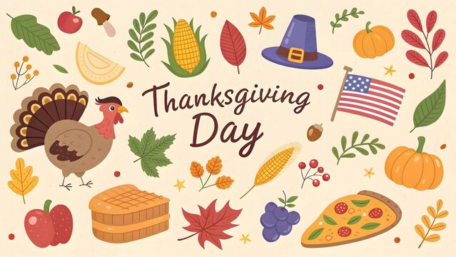 Whimsical Thanksgiving Day Celebration with Festive Harvest Illustrations and American Holiday Symbols for Seasonal Decor