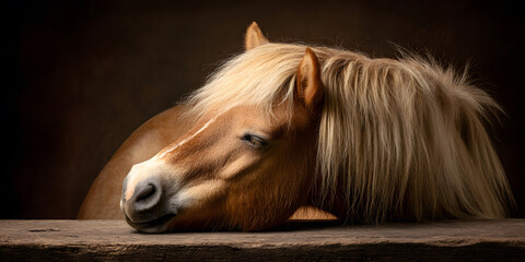 Close-up portrait of a wild horse with a blonde mane resting its neck on a wooden board against a dark brown background, captured in natural detail for farm, ranch, pet shop, or countryside design use