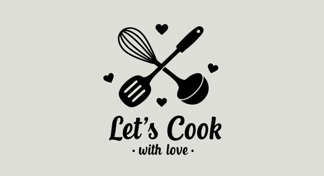 A charming vector illustration of cooking utensils, including a whisk and ladle, accompanied by the playful phrase 'Let's Cook with Love' for culinary projects.