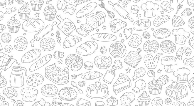 A charming seamless pattern featuring various outlined bakery items, delicious pastries, and essential cooking tools, perfect for culinary-themed designs.
