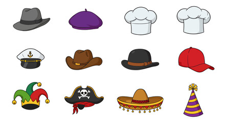 PNG vector illustrations of various chef hats and other hats, perfect for cooking websites, restaurant menus, or culinary-themed projects needing cartoonish headwear.