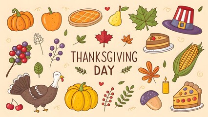 Whimsical Thanksgiving Day Illustration with Pumpkins, Pie, Turkey and Festive Autumn Elements in a Cartoon Style