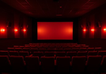 Fototapeta premium Empty cinema auditorium with red lighting and screen