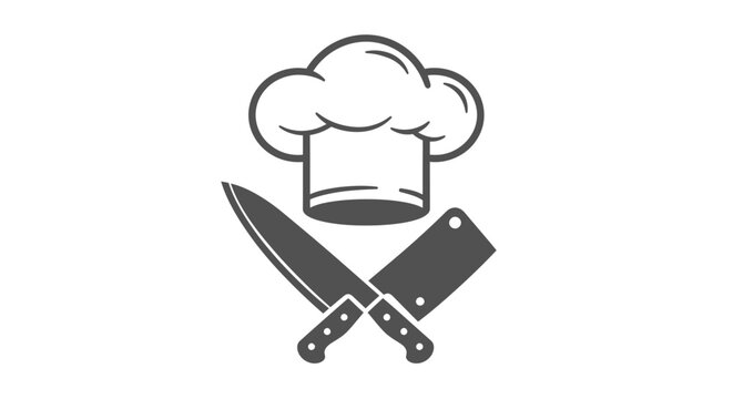 A minimalist black and white vector icon showcasing a classic chef hat positioned above two crossed kitchen knives, perfect for culinary and restaurant branding.