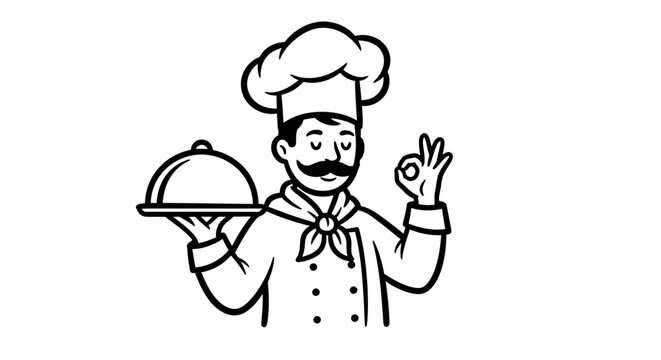 A vector illustration of a cheerful chef wearing a chef hat, holding a covered platter, and making an okay gesture, perfect for culinary projects and restaurant branding.