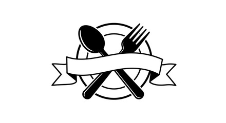 A vector illustration showcasing a crossed spoon and fork emblem with a blank banner, perfect for culinary branding or restaurant logos, designed in a minimalist style.