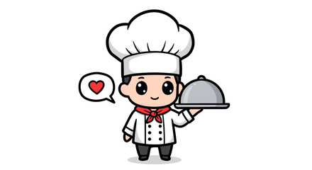 Cute cartoon chef in uniform wearing a tall hat, holding a silver cloche lid dish with a heart symbol, ready to serve delicious food.