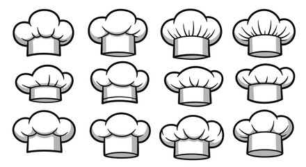 Fototapeta premium Twelve vector illustrations of chef hats in PNG format, perfect for culinary branding, restaurant menus, or cooking websites. These clean, crisp images are easily customizable and ideal for various